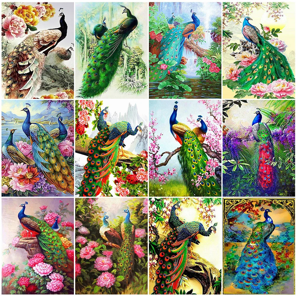 Huacan 5d Diamond Mosaic Peacock Diy Painting Animal Full Square Round Drill Embroidery Kits