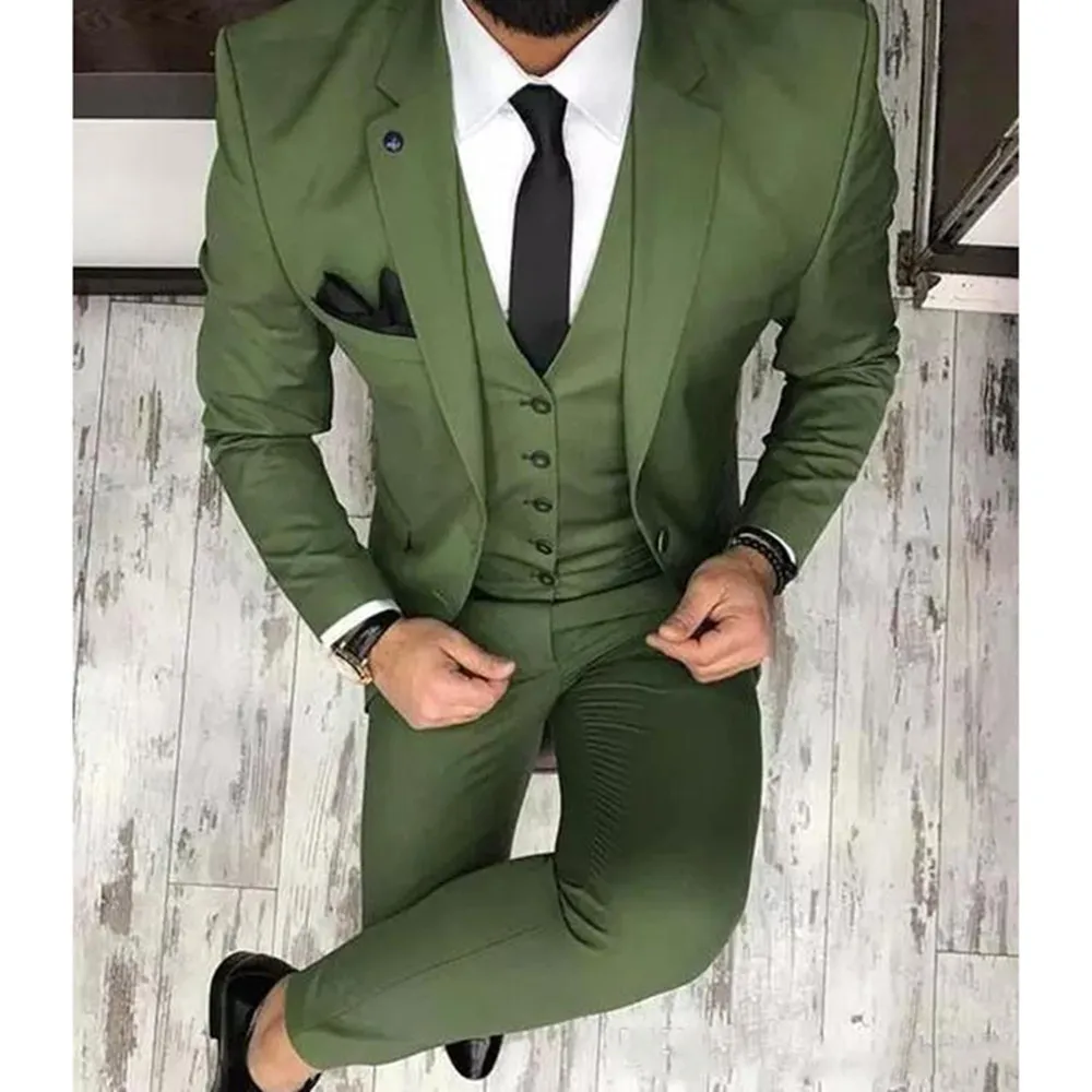 

Olive Green Mens Suits For Groom Tuxedos Notched Lapel Slim Fit Blazer Three Piece Jacket Pants Vest Man Tailor Made Clothing