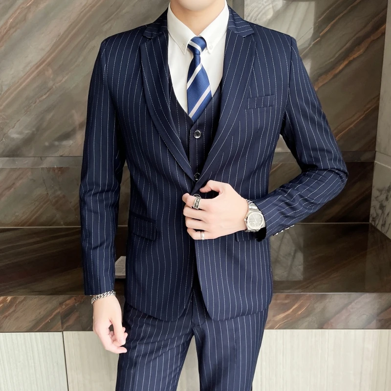 Three-Piece Business Suit Slim Fit Striped Vest Trousers Set Korean Fashion Wedding Outfit
