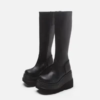 Fashion Wedge-heeled Mid-tube Boots Ladies Gothic Style Thick-soled Motorcycle Knight Boots Slim High Platform Cowboy Boots - Image 5