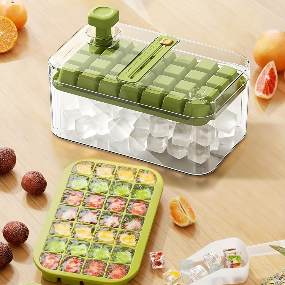 56 Compartment 2 - tier Green Ice Cube Tray Set - Lid, Box, Stackable & Leak - proof! Ideal for Beverages, Tea, Coffee