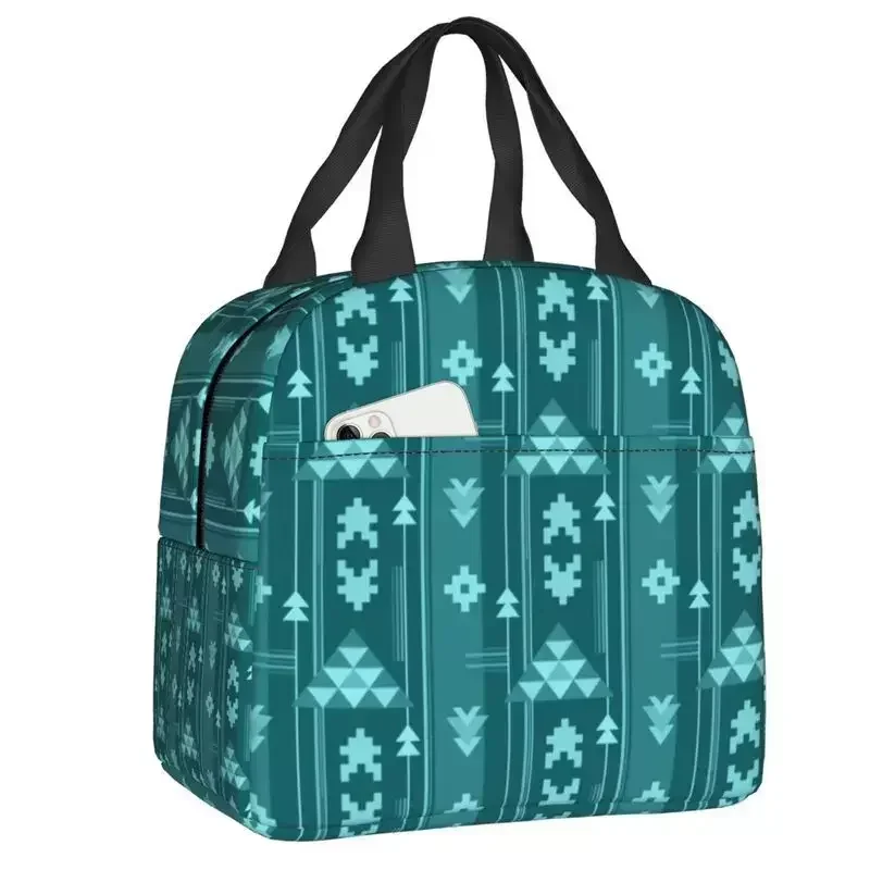 

2024 New Bohemian Rug In Teal Insulated Lunch Bag For Camping Travel Boho Stripe Leakproof Thermal Cooler Lunch Box Women Kids