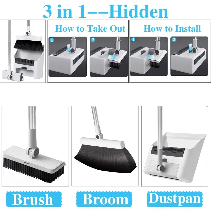 3-in-1 빗자루와 쓰레받기 세트, 긴 손잡이 빗자루와 쓰레받기, 가정, 사무실, 학교, 기숙사용