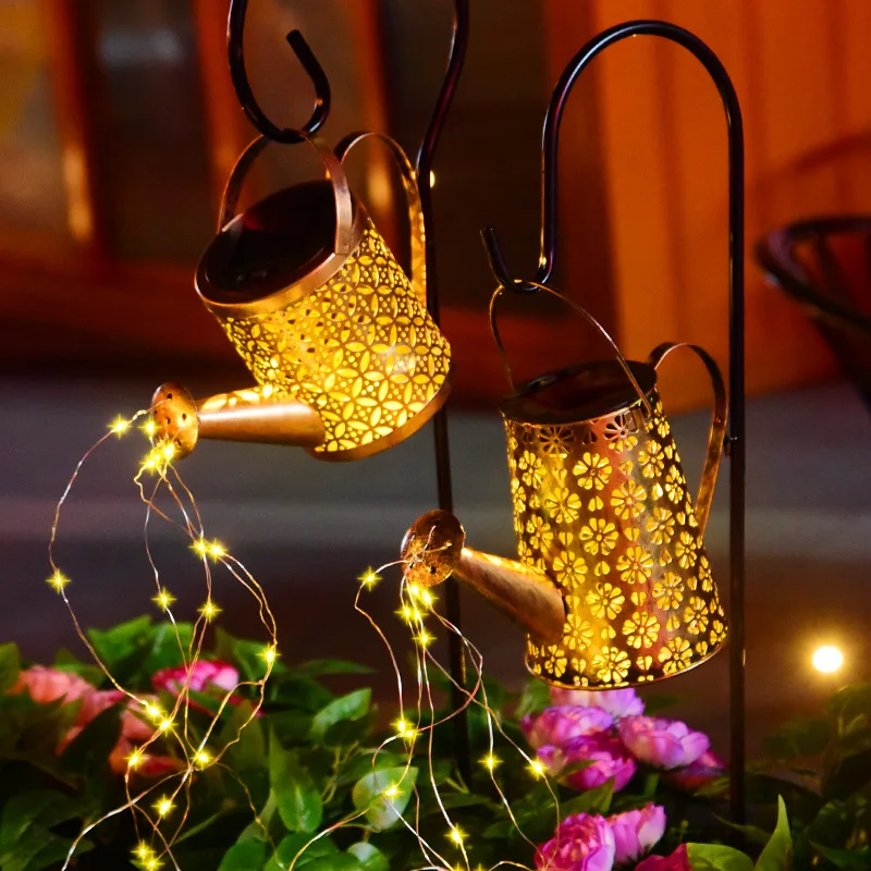 Solar Watering Lights Hanging Kettle Light String Metal Waterproof Outdoor Garden Yard Flowers Holiday Lighting Retro Decor Lamp