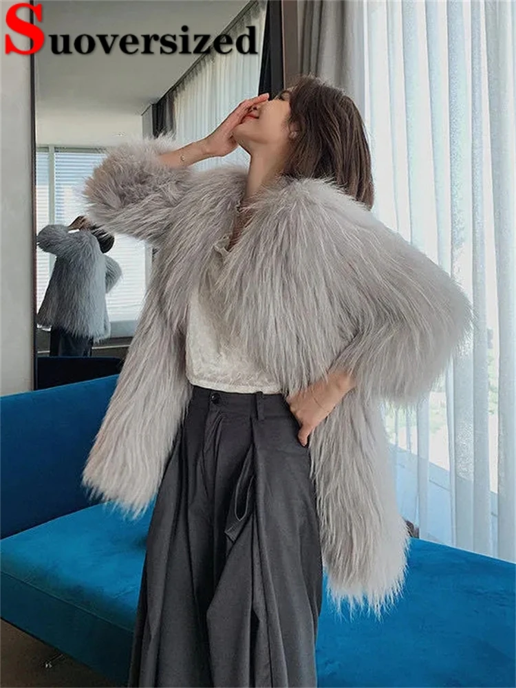 

Thicken Faux Fox Furs Overcoats Winter Warm Furry Jacket Loose Casual Women Plush Chaquetas Korean Fashion Jaqueta Feminina