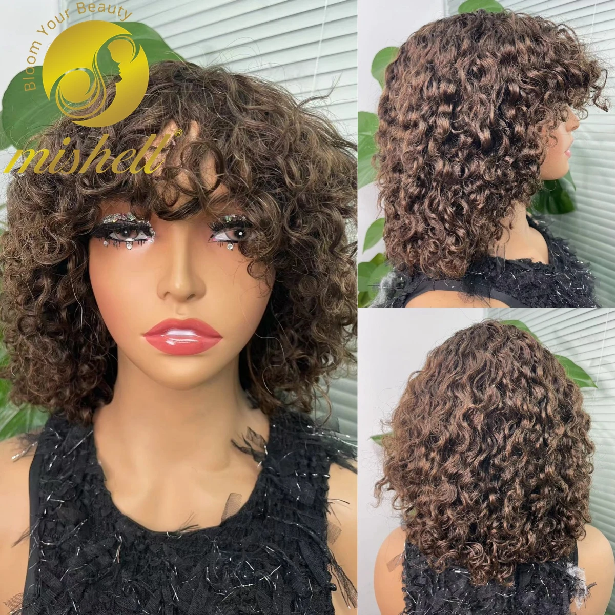 

200% Density Chocolate Brown Full Machine Made Water Wave Wig with Bangs Short Jerry Curly Human Hair Bob Wigs 12inch for Women