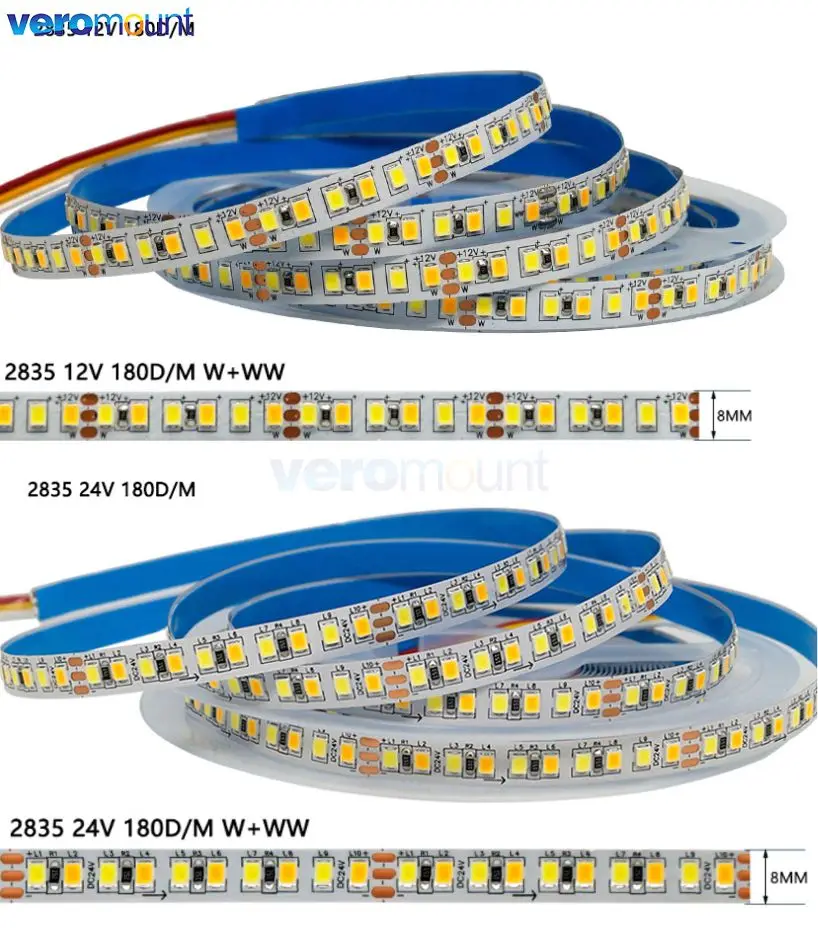 5m 5mm 8mm 12mm 2835 CCT Dual White Dimmable LED Strip Light 12V 24V DC WW CW Color Temperature Adjustable Flexible Tape Ribbon