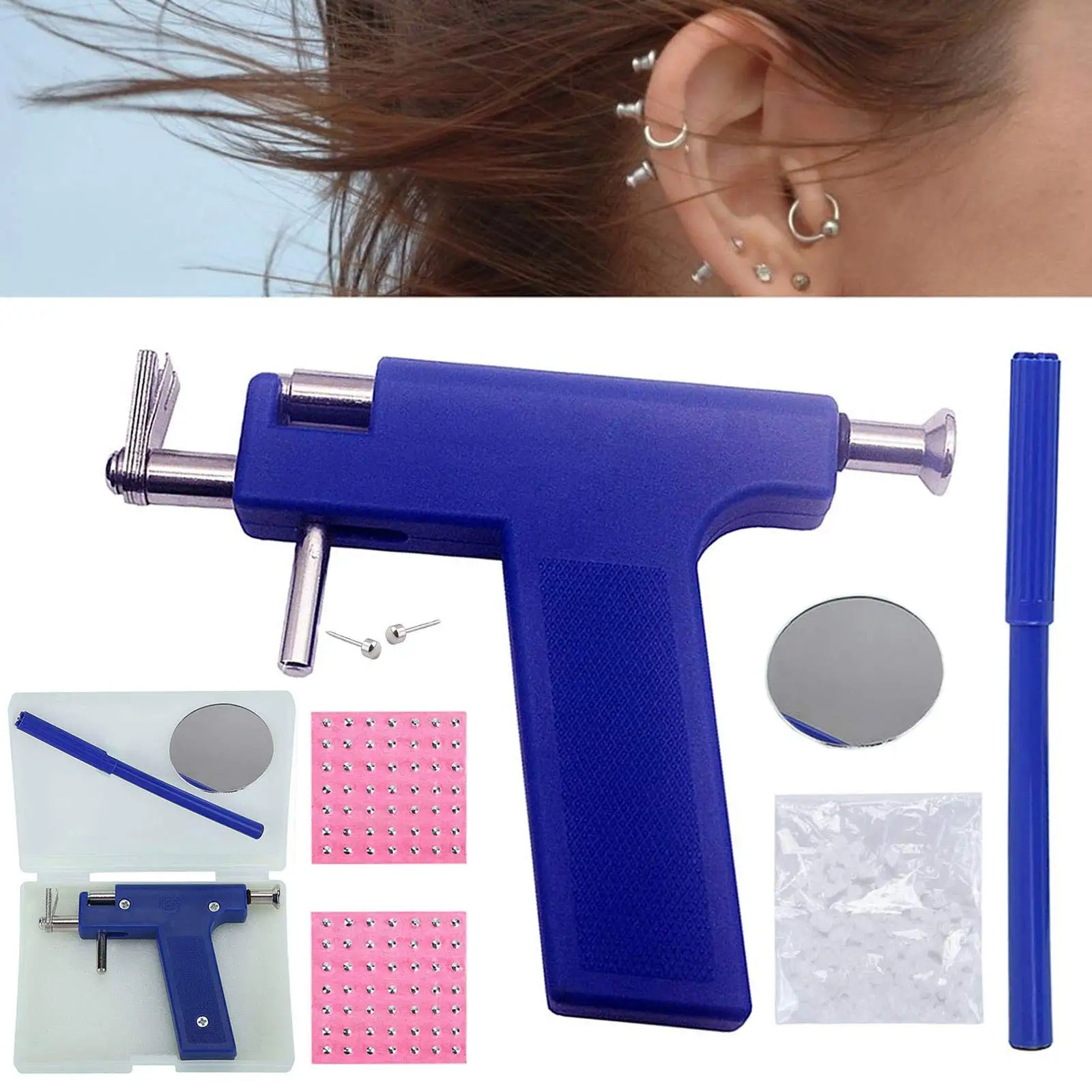 

98PCS Ear Piercing Tool Kit Body Nose Navel Lips Tongue Piercing Gun Machine Hole Peicing Guns For Salon Home Pearcings Kits