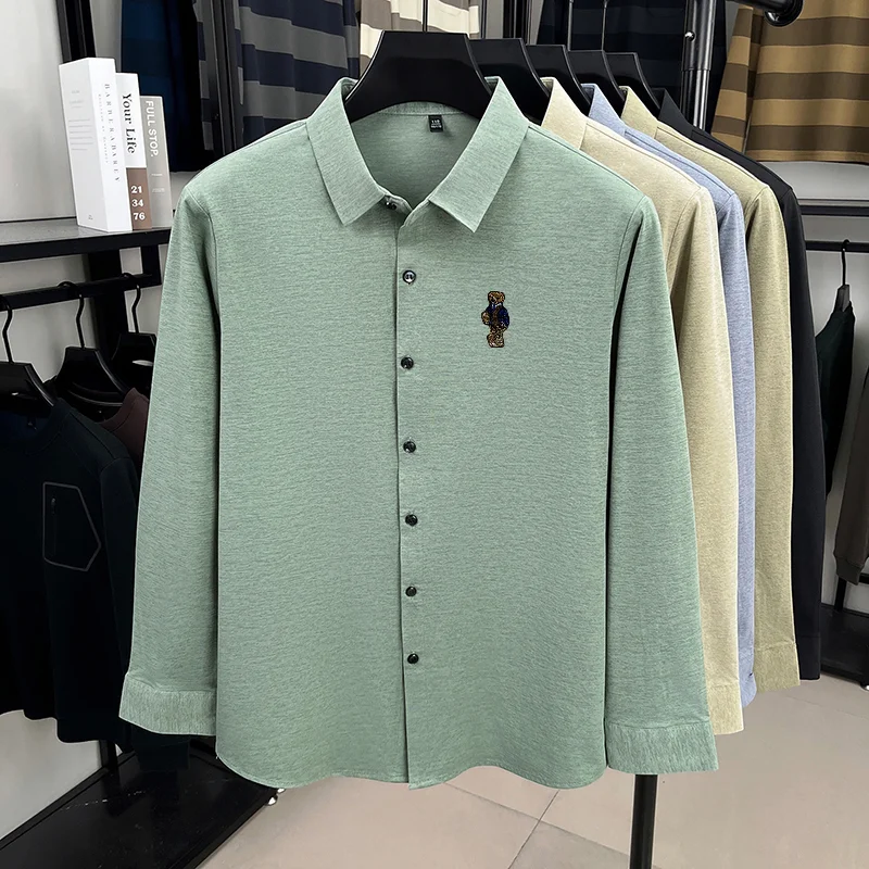 High-End Man Long-Sleeved Shirt Lapel Single-Breasted Bear Embroidery Spring New Shirt Fashion Versatile Leisure Men's Clothing