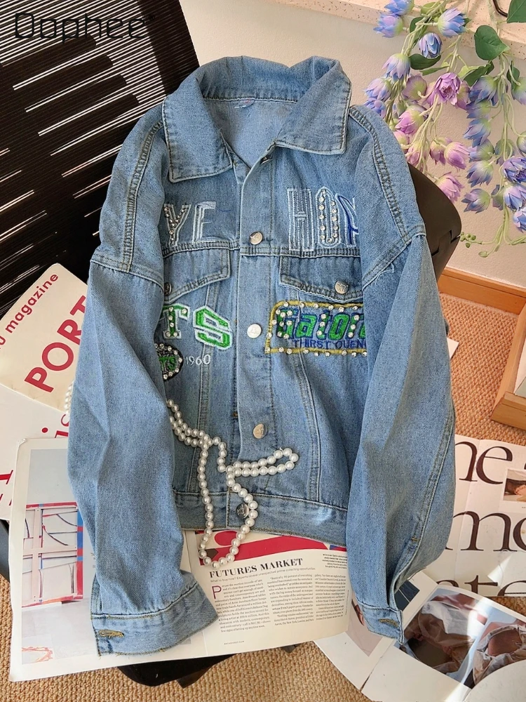 

Heavy Industry Letter Embroidered Rhinestone Denim Short Coat Female 2023 Spring Autumn Fashion Long Sleeve Jackets for Women