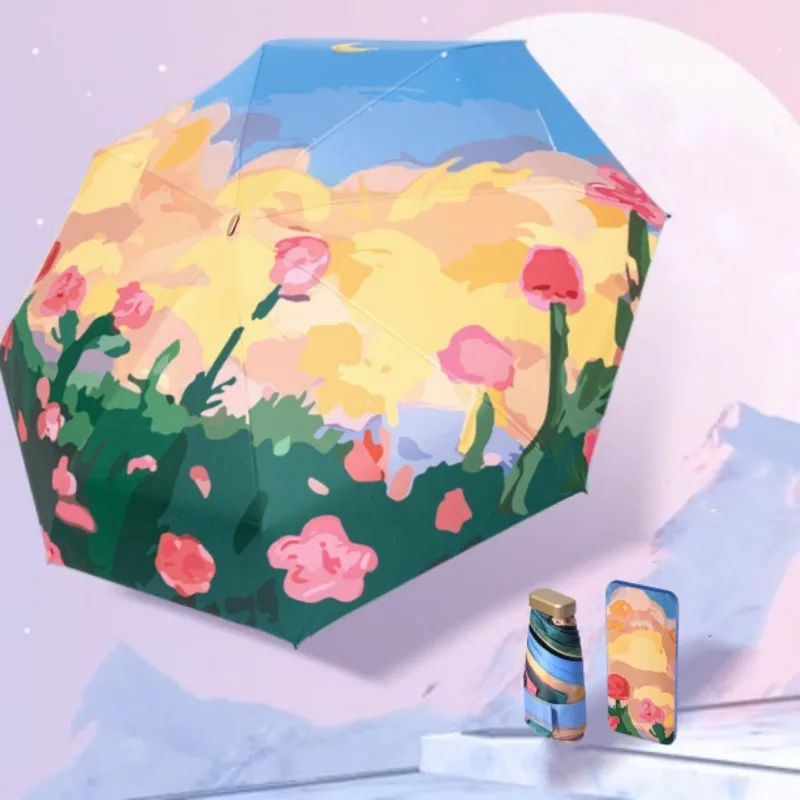 Mini Sun Umbrella Rose Oil Painting Small Pocket Rain Umbrella Folding UV Ultraviolet Protection Sun Shade Parasol 우산
