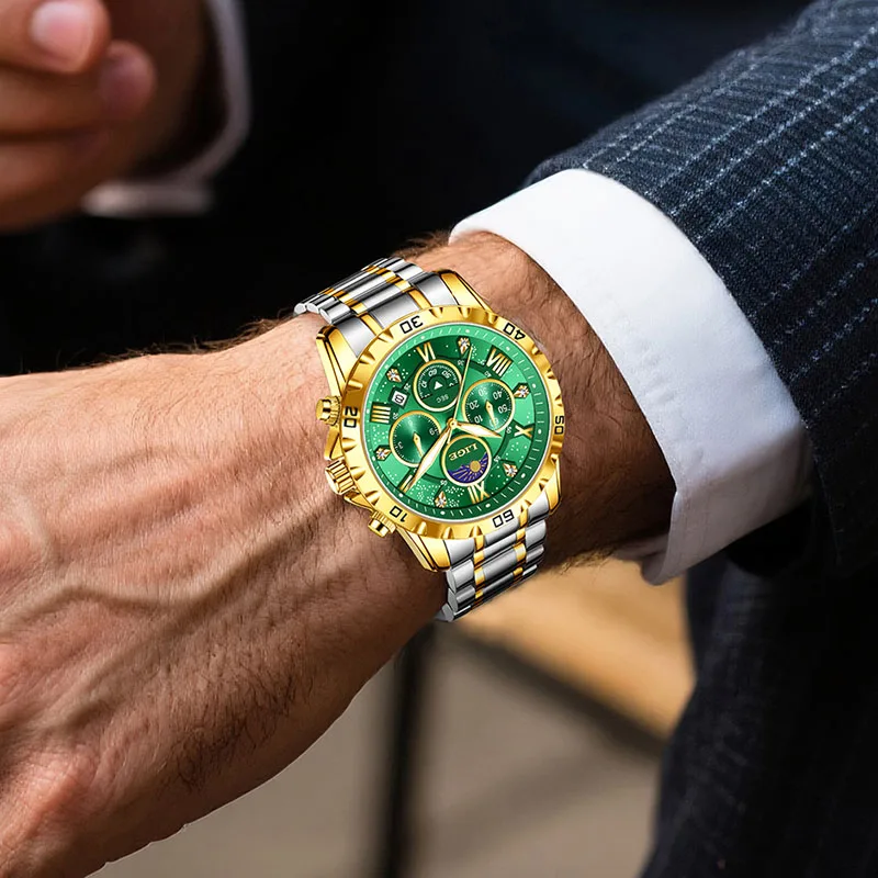 LIGE Business Watch Men Fashion 24 Hour Moon Phase Waterproof Men Quartz Wristwatch Luminous Stainless Steel Sports Chronograph