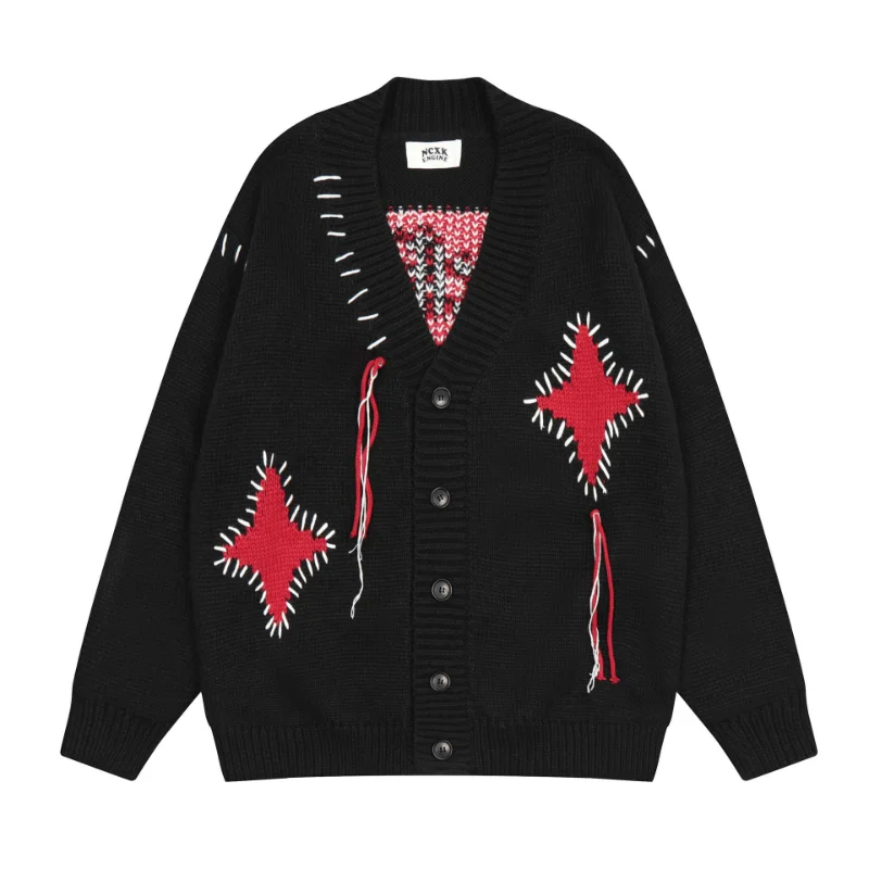 

American High Street Men's Cardigan Cross Letter Embroidered Long Sleeve Sweater Fashion Brand Loose Hip Hop Casual Knit Unisex