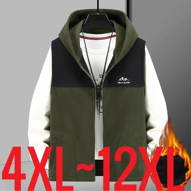 Large Size Mens Sleeveless Jacket Hooded Warm Lightweight Polar Vest Male Big Plus 12XL 10XL Sport Waistcoat Winter Casual Green