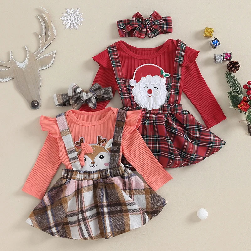 

2023-10-11 Lioraitiin 0-24M Cute Baby Girls Christmas Outfit Long Sleeve Solid Romper with Plaid Suspender Dress and Headband