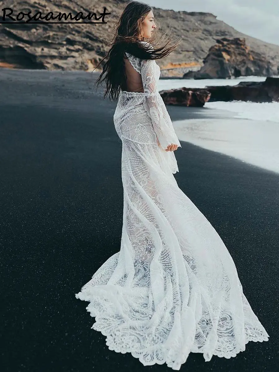 Bohemian High Split Open Back Appliques Lace Wedding Dresses Mermaid Long Flare Sleeve Country Bridal Gown