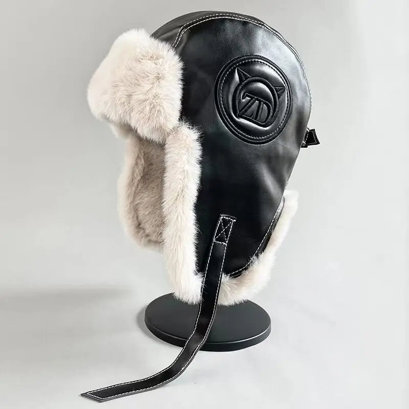 Thick Warm Winter Hat Men Black Fur Leather Russian Windproof Ski Cap