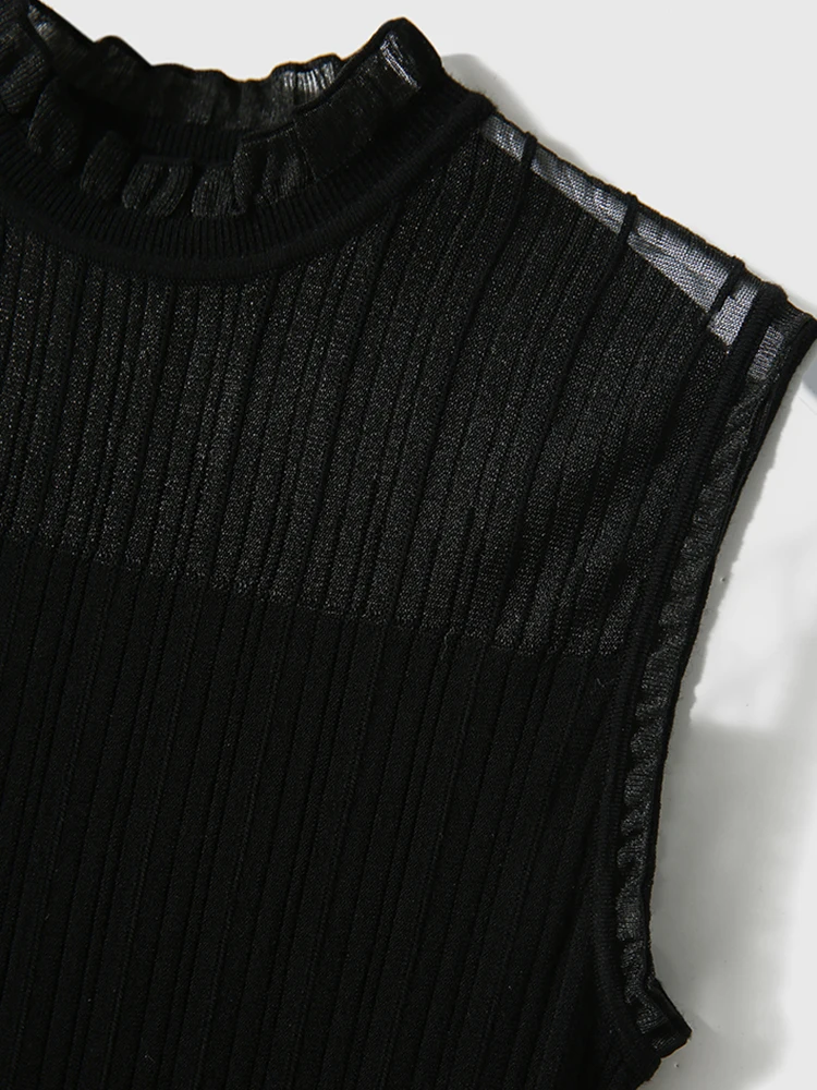 Sexy durchsichtige Spitze Tanktops Frauen Sommer ärmellose Strickweste lässig koreanische halbhohe Kragen Camis schwarz weiß Top – Detail 7