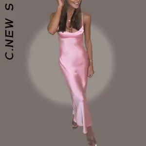 C.New S Women Sexy Party Dresses Satin Cut Out Sleeveless Slip Dress Pink Camis Long Dresses Backless Summer Slit Midi Dress