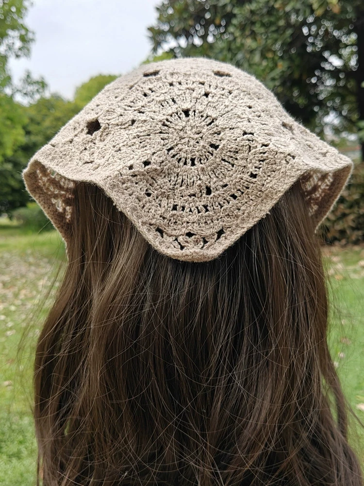 Hohlgehäkeltes Stirnband für Damen, 1 Stück Bohemian-Dreiecks-Stirnband, verstellbares, rutschfestes Stirnband, Vintage-Haarschal, gestricktes Haarband zum Zurückbinden, Schwarz Beige Khaki – Detail 6
