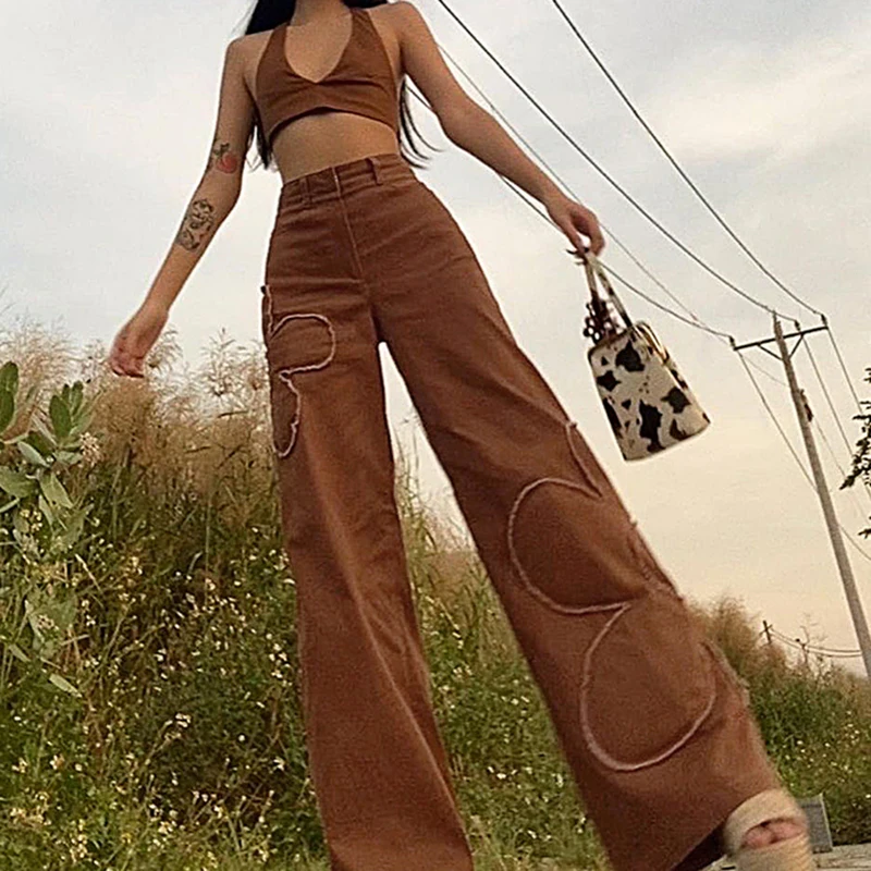 

Fashion Women Brown Aesthetic Baggy High Waist Straight Jeans Vintage 90s Wide Leg Pants Y2K Flower Patches Denim Trousers 2021
