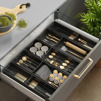 Portapiatti regolabile da cucina sotto il cassetto dell'armadio, cucchiaio, porta bacchette, spaziatura retrattile, ripiano per dischi di asciugatura, organizer 1