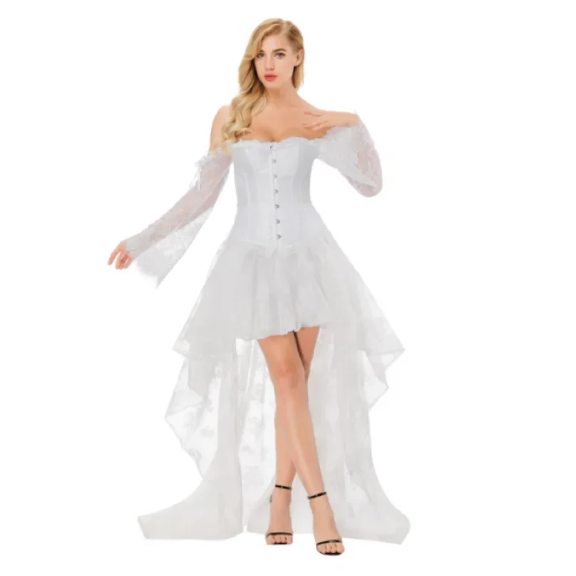 

Women Sexy Off-Shoulder Lace Sleeves Corset Bustier Lingerie Top with Tulle Long Skirt Set Wedding Party Floral Corset Dress