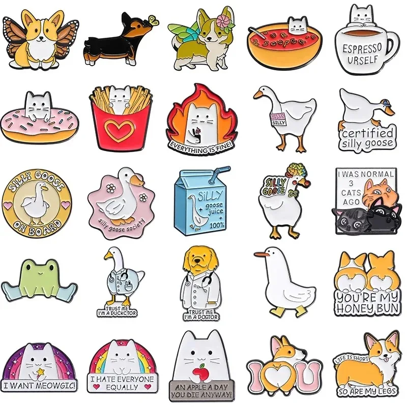 Cute enamel pins with cats, corgis, ducks, and funny animal quotes like “Silly Goose” and “I’m a Ducktor”
