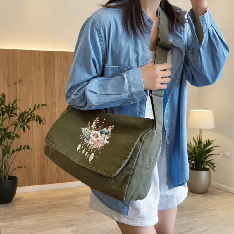 Vintage Women's Shoulder Bag Canvas Crossbody Bag Floral Print Large Capacity for Daily Messenger Bag