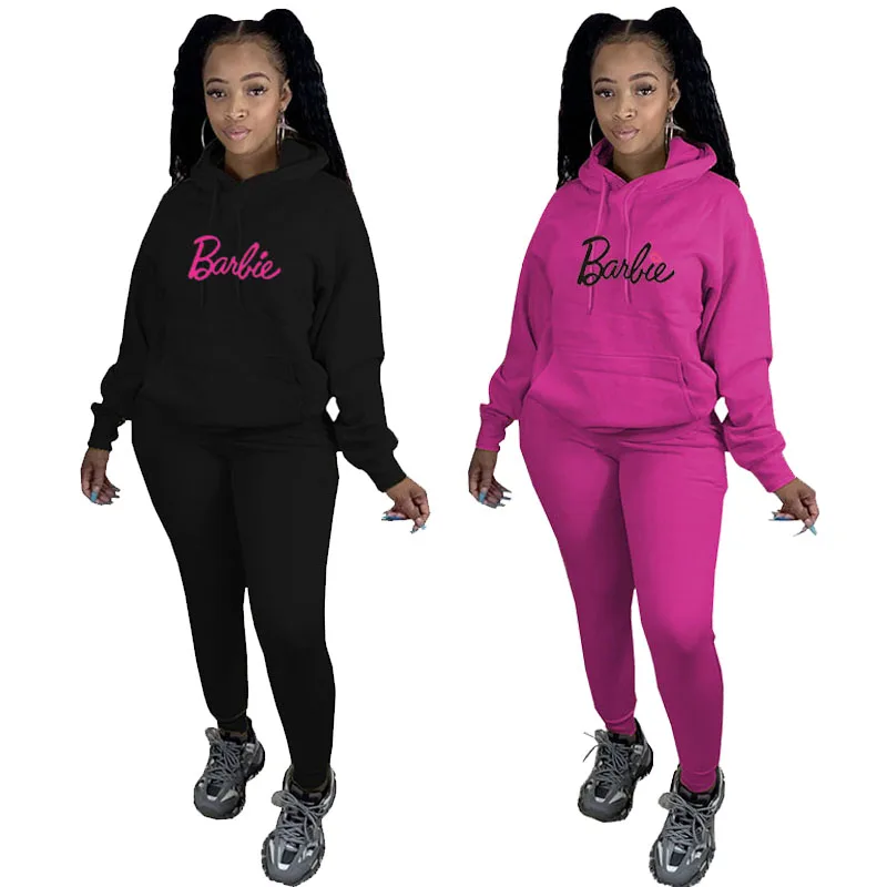 

Women's Loose Casual Barbie Hooded Sweatshirt Suit European American Fashion Large Size Velvet Warm Sports Suit for Women