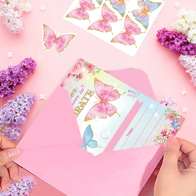 Carte d'invitation papillon pour filles, autocollants enveloppe