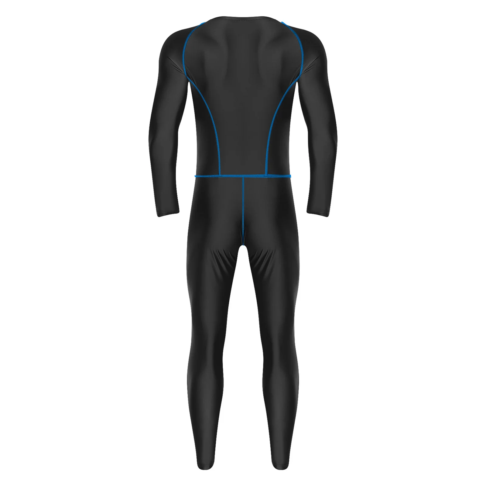 Herren-Erwachsene, ölglänzend, schmal, voller Overall, Badeanzug, äußere flache Nähte, Reißverschluss vorne, lange Hosen, Kompressionsspielanzug, Bodysuit, Badebekleidung – Detail 20