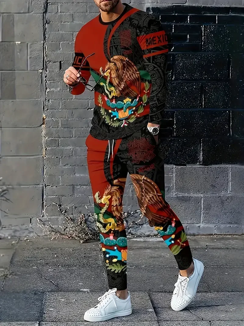Fashion Mexican Flag 3D Print Men's Sportswear Set Casual Long-Sleeved T Shirt Pants 2-Piece Set Oversized Pullover Men Clothing 5