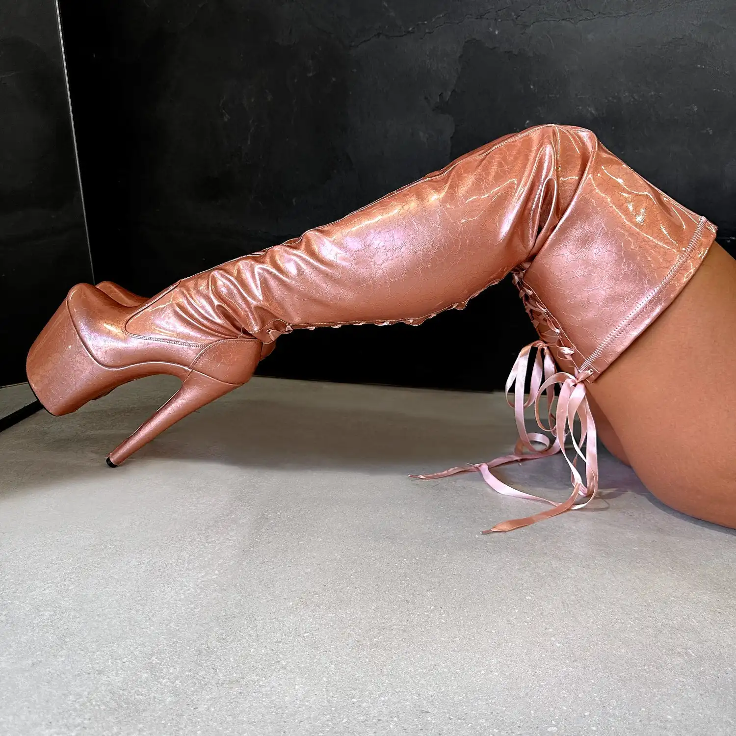 

Rose Gold Lace Up Platform Thigh High Boots Super Stiletto Heels Sexy Stage Performance Shoes Spring Pointy Toe Casual Shoes