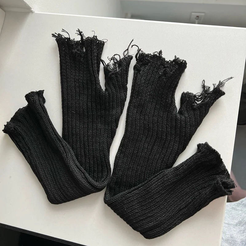 Black Tattered Punk Unisex Fingerless Cuff Knit Gloves 1pair Women Men Elbow Length Mittens Broken Stretch Arm Warmer Gloves fingerless gloves,half finger gloves