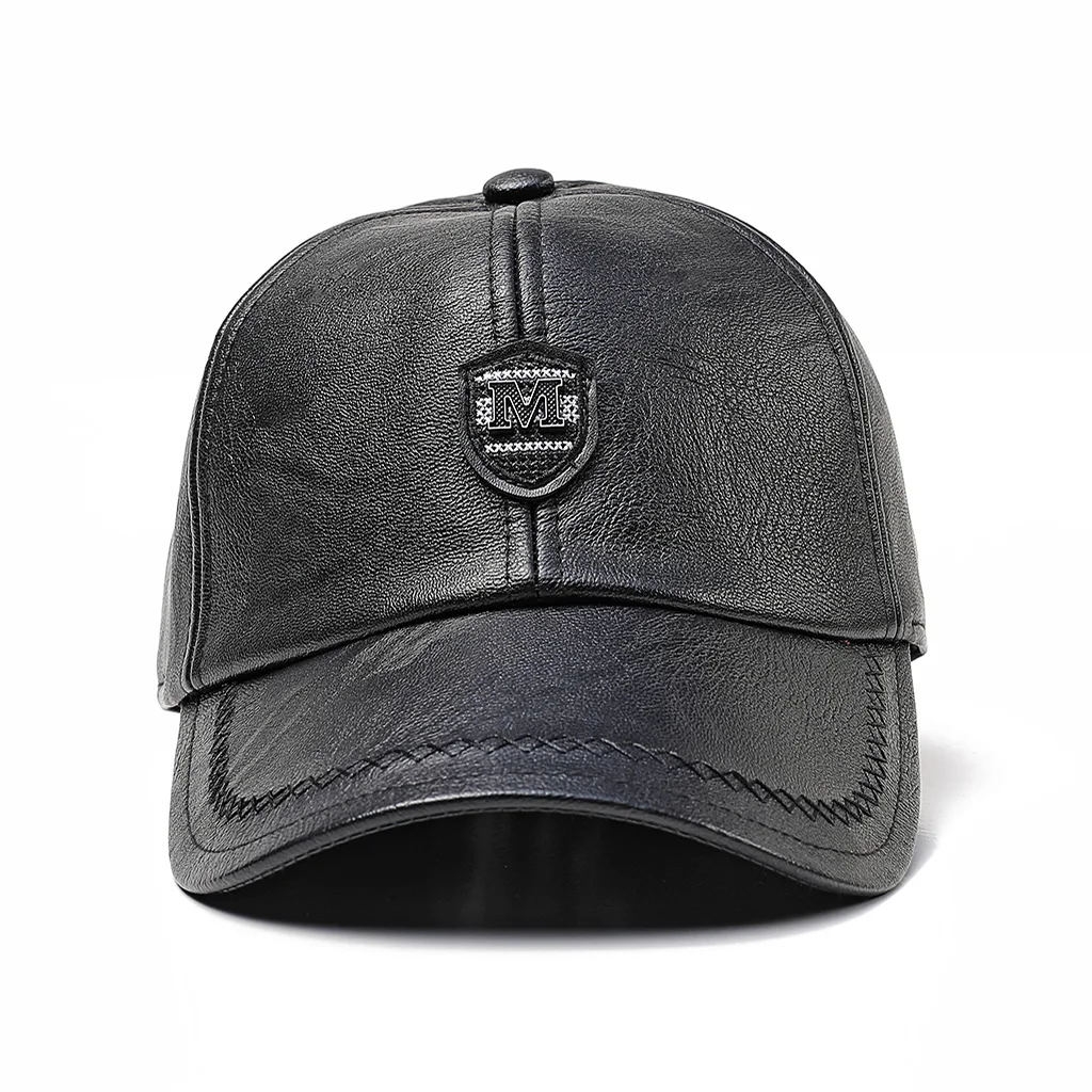 2024 New Style Men Cowhide Hat Winter Warm Outdoor Protect Ear Real Leather Adjustable Baseball Cap Men Real Cowhide Leather Cap 2