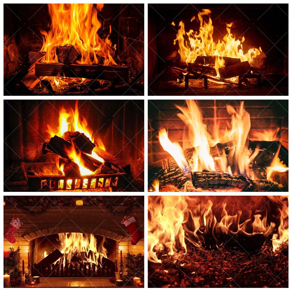 Winter Fireplace Flame Photography Background Brick Stove Burning Wood Backdrop Child Birthday New Year Party Photo Props