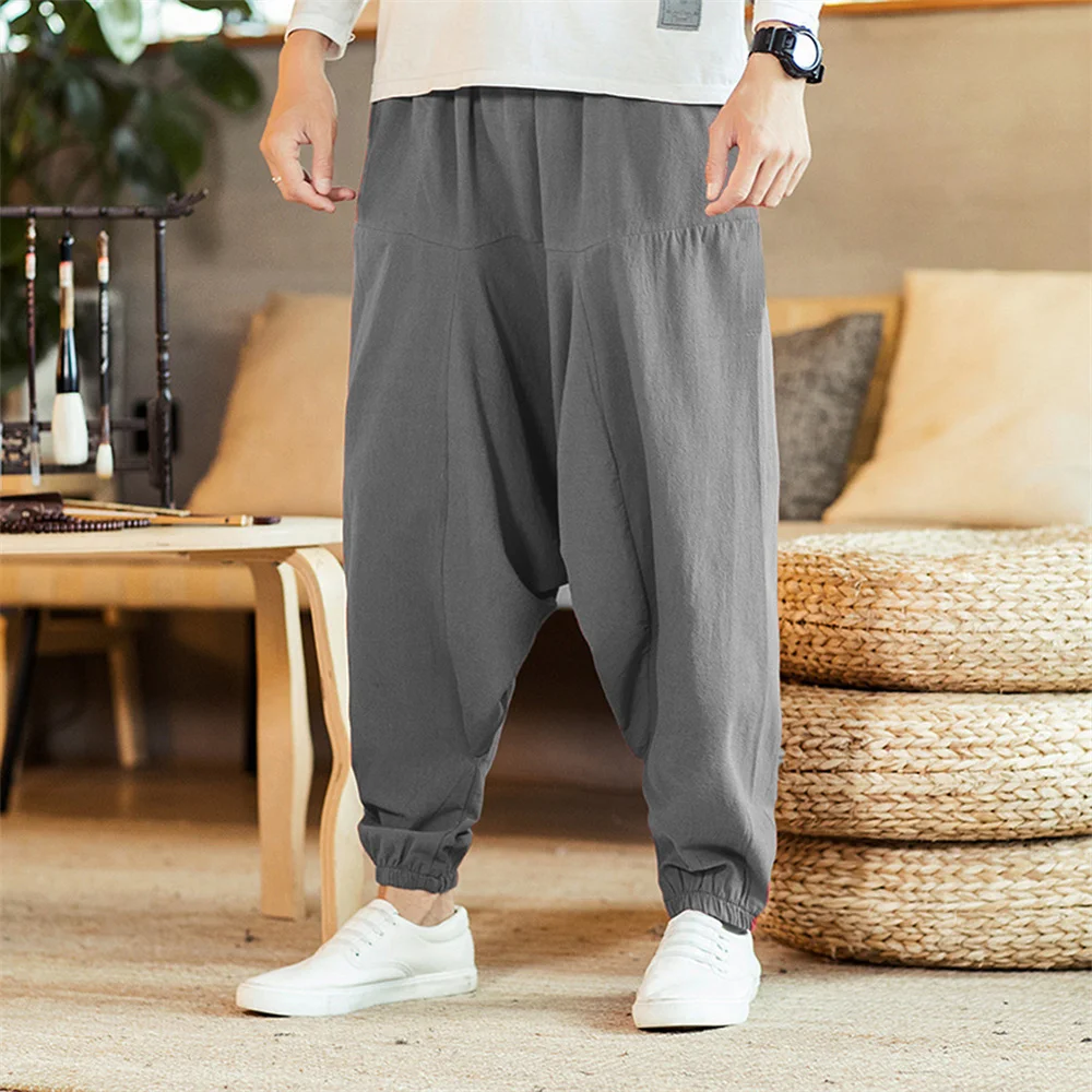 Männer Baumwolle und Leinen Hosen Harem Hosen Baggy Casual Oversize Lose Jogger Breite Bein Hosen Yoga Drop Crotch Hosen Hip Hop – Detail 7