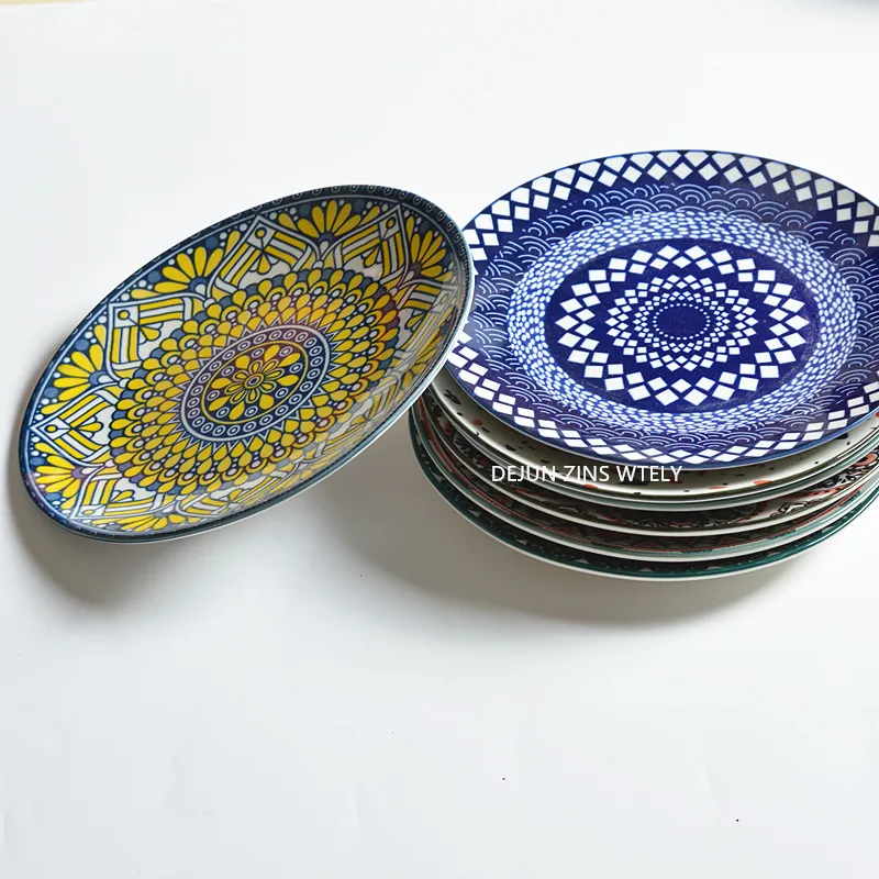 1PC 절묘한 세라믹 접시 라운드 플랫 플레이트 홈 Underglaze 색상 야채 샐러드 접시 과일 요리 주방 저녁 식사 접시