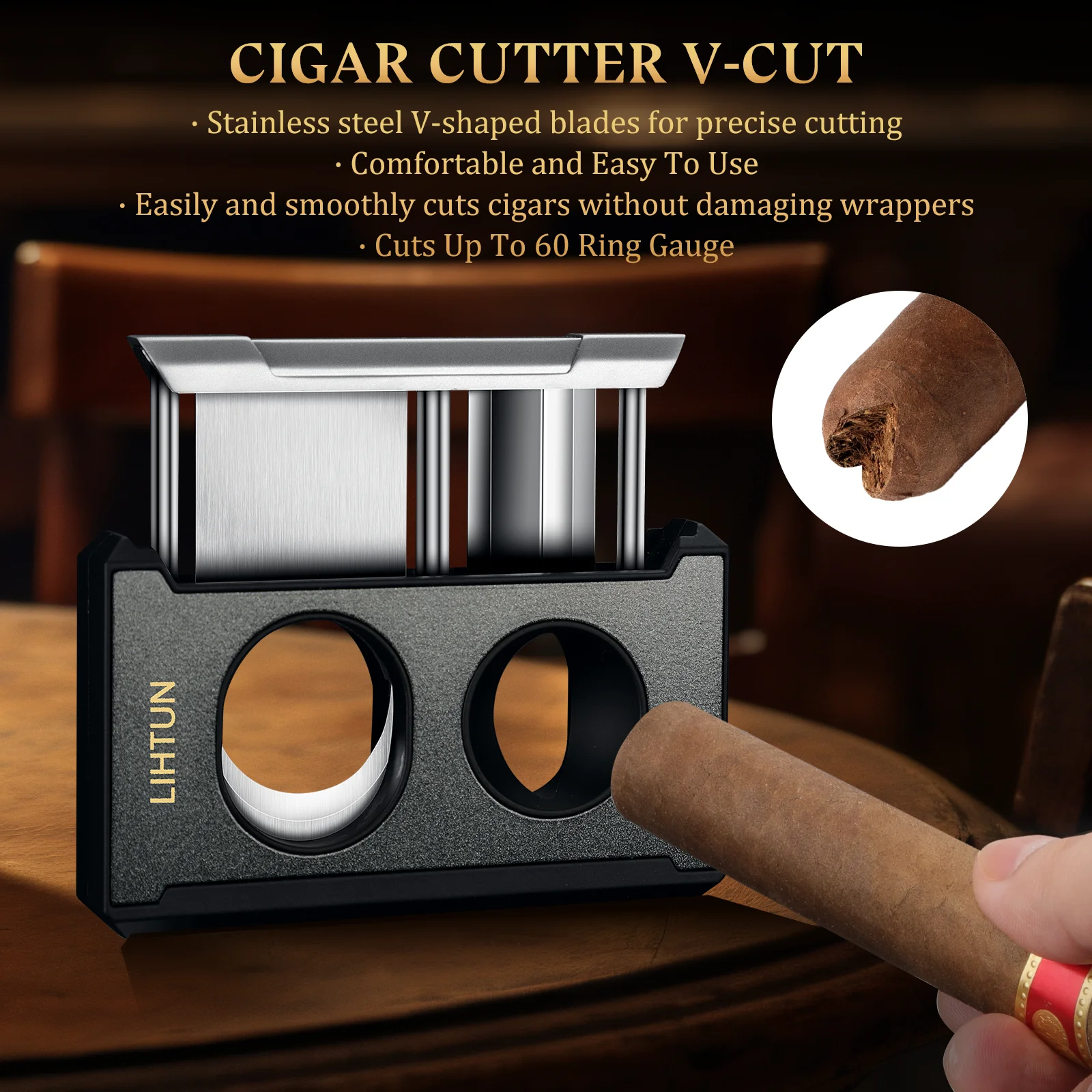 Cigar Cutter Tools 4 in 1 Straight Cut V Cutter with Cigar Punch Draw Enhancer Stainless Steel Blade Clippers