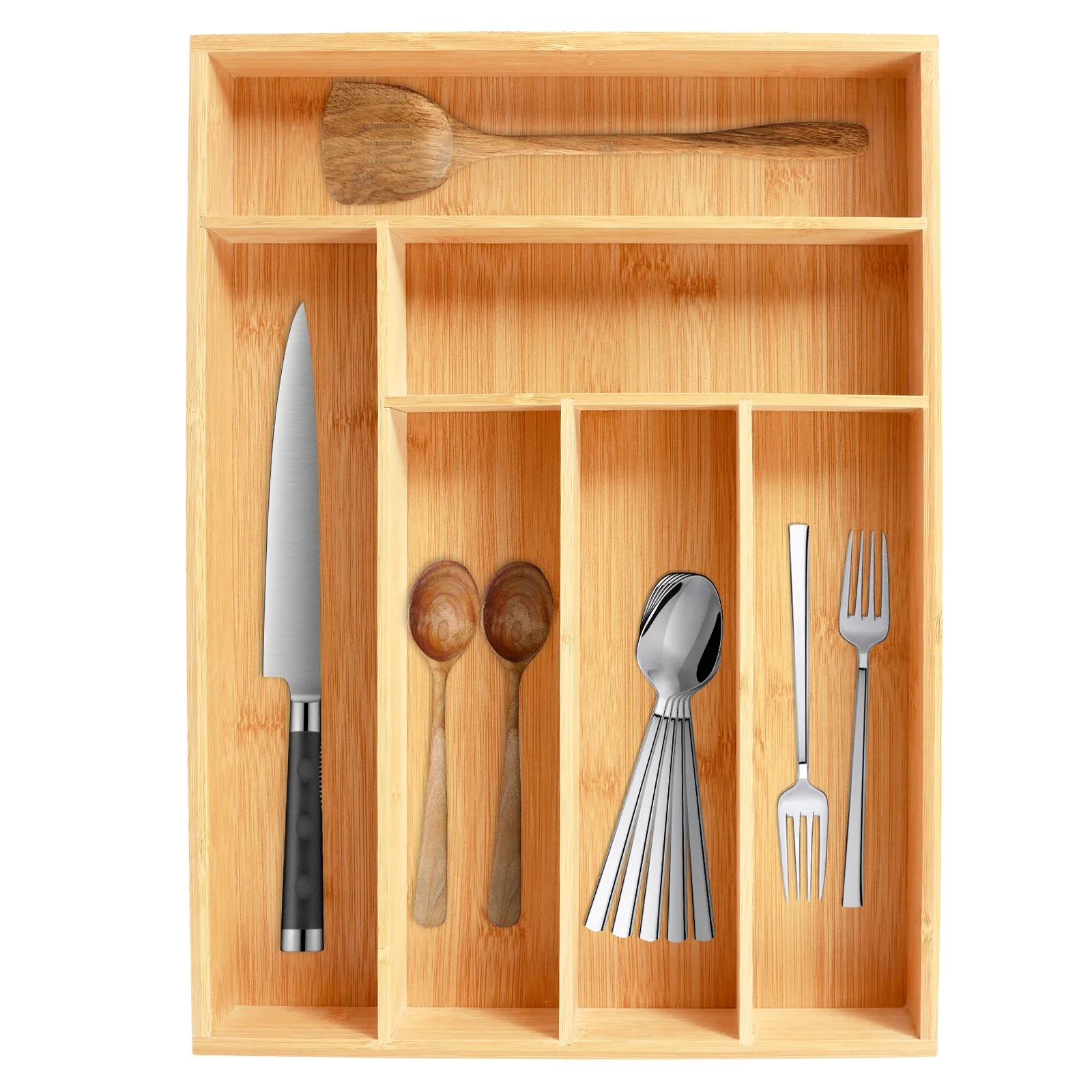 New Kitchen Drawer Cutlery Organizer 5/6 Compartments Bamboo Drawer Box Silverware Tray Durable Kitchen Drawer Organizer Tray 2