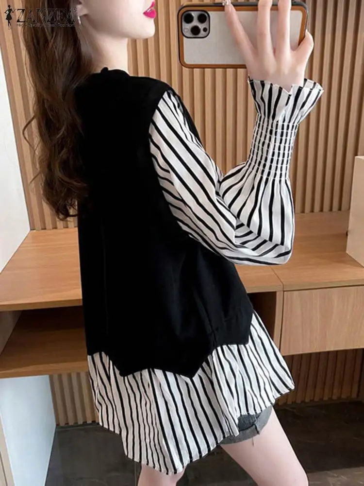 

ZANZEA 2024 Spring Casual Irregular Tunics Loose Fake 2pcs Tops Women Long Sleeve Blouse Fashion Striped Patchwork Pleated Shirt