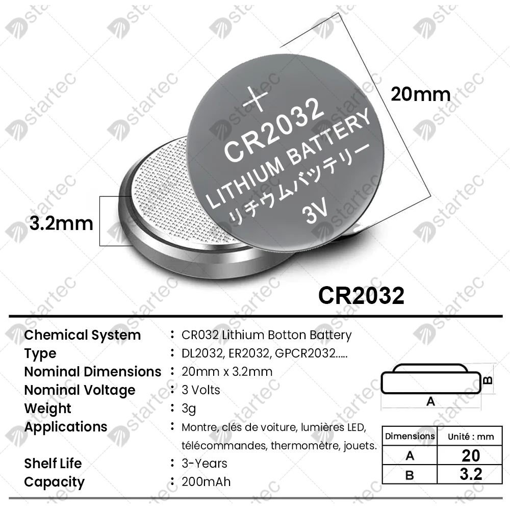 DStartec-Batterie CR2032 au lithium, pile bouton CR 2032, pile de montre,  DL2032, BR2032, ECR2032, L2032, 5004LC, L14, KCR2032, 200mAh, 3V, 100  pièces - AliExpress