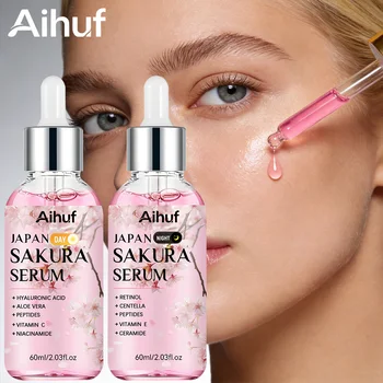 AIHUF 2PCS Sakura Day And Night Tightening Essence Liquids with Aloe Vera Niacinamide Snow Lotus Vitamin C Antioxidant Brighteni 1