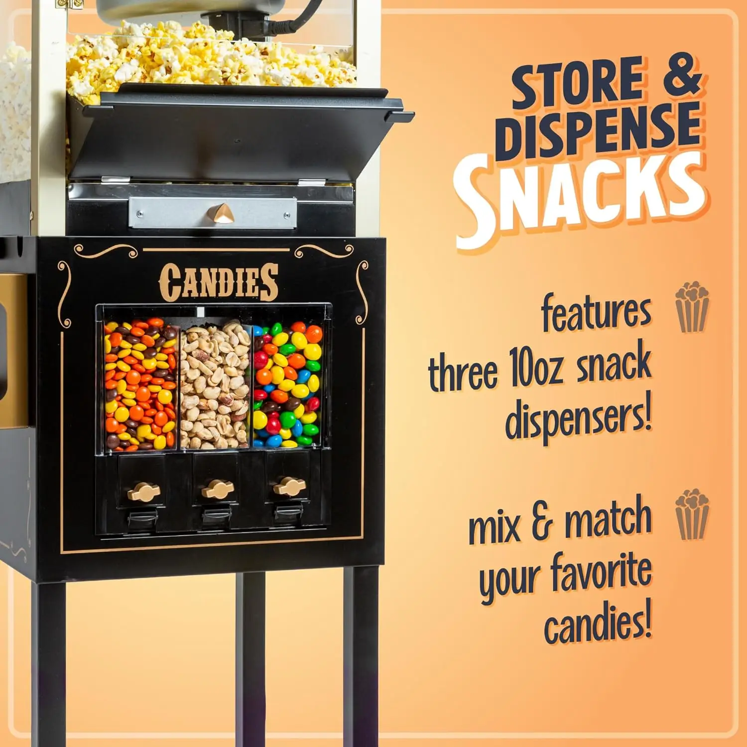 8 Oz Kettle Makes Up to 32 Cups, Vintage Movie Theater Popcorn Machine with Three Candy Dispensers 4