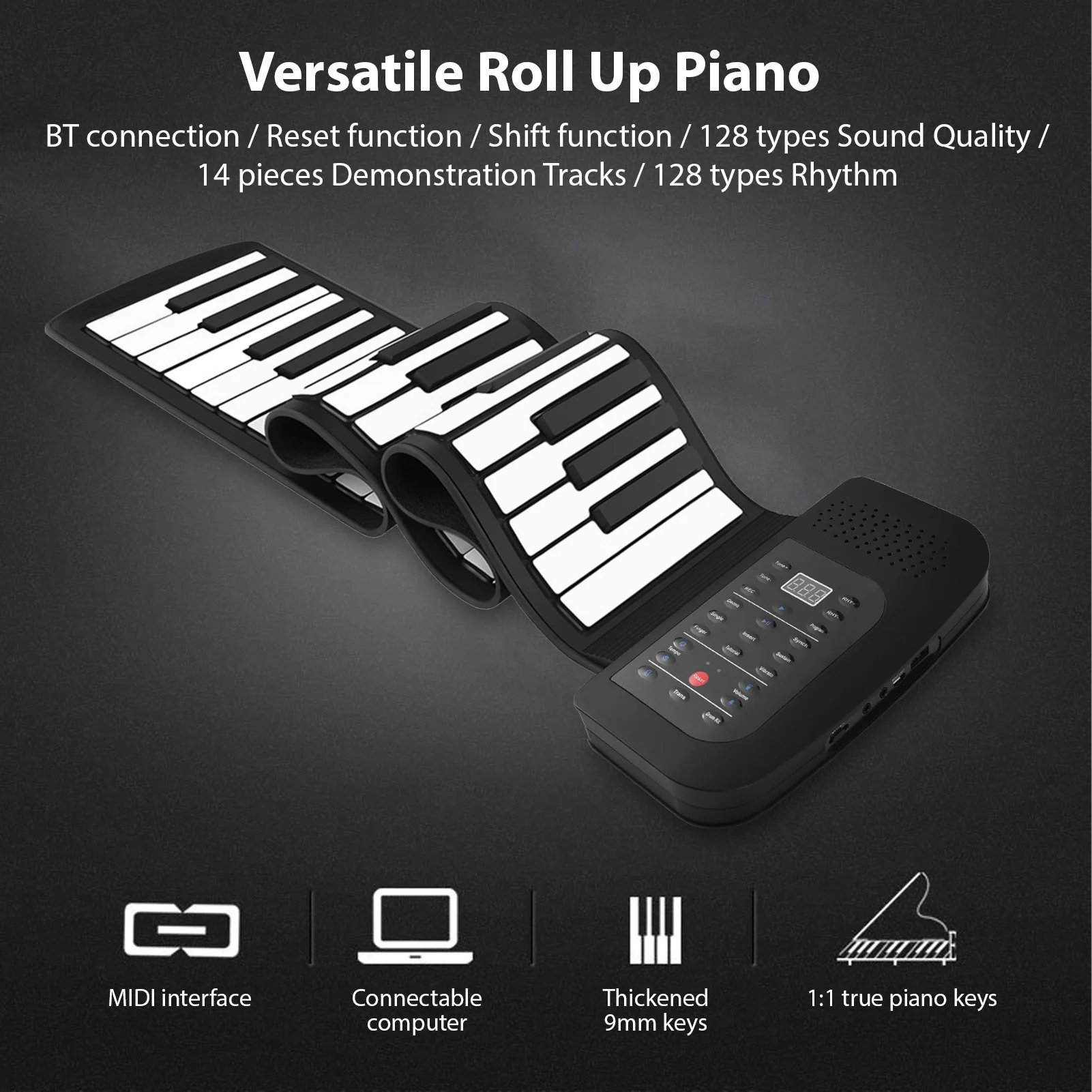 88 Key Portable Piano Roll Up Piano with Speaker Sustain Pedal Silicone Foldable Thickened 9mm Keys