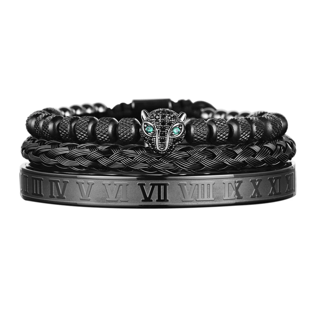 3-Pack Men's Hip Hop Bracelets - Braided, Leopard Head & Roman Numeral Cuff, Adjustable Stainless Steel - View #9