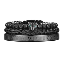 3pcs/set Classical Handmade Braiding Bracelet Hip Hop Men Pave CZ Leopard Head Roman Numeral Bracelet Stainless Steel Jewelry