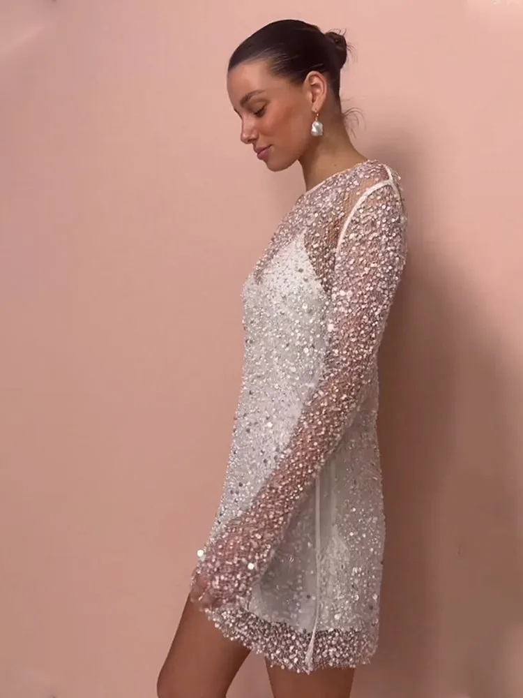 

Neck Long Sleeve Loose White Short Robe Elegant Party Vestidos Embroidered Flares See Through Spaghetti Strap Mini Dress Sexy O