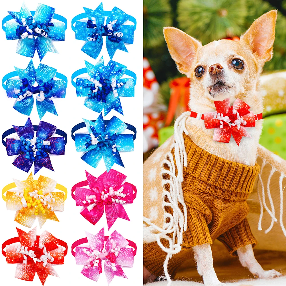 

50PCS Christmas Pet Bows Dog Bowtie Dogs Collar Winter Snowflakes Adjustable Grooming Dog Collar For Dogs Party Pet Supplies